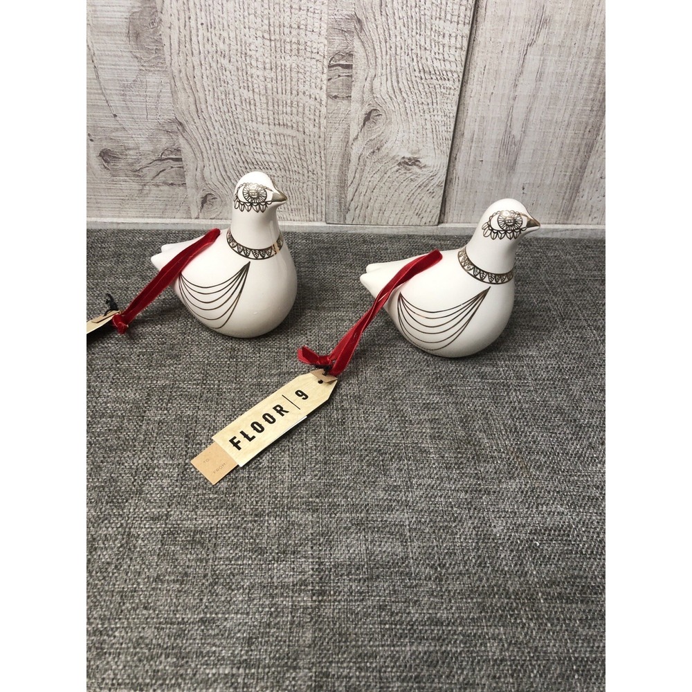 Ceramic White Dove Christmas Tree Ornaments Gold Accents Decorations Set of 2